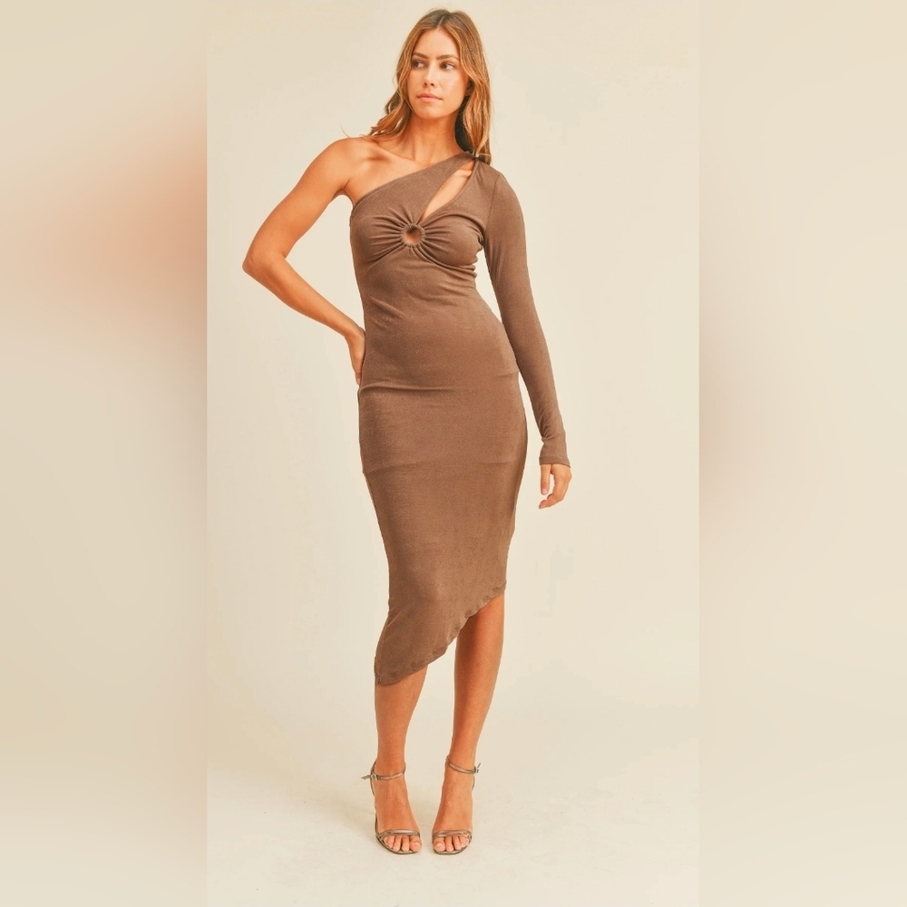 Mable One Shoulder Long Sleeve O Ring Asymmetrical Hem Slinky Bodycon Dress L